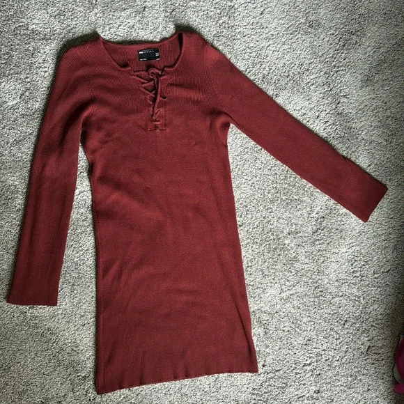 ASOS Design Deep Red Knitted Mini Sweater Dress Size 12 - Picture 1 of 9